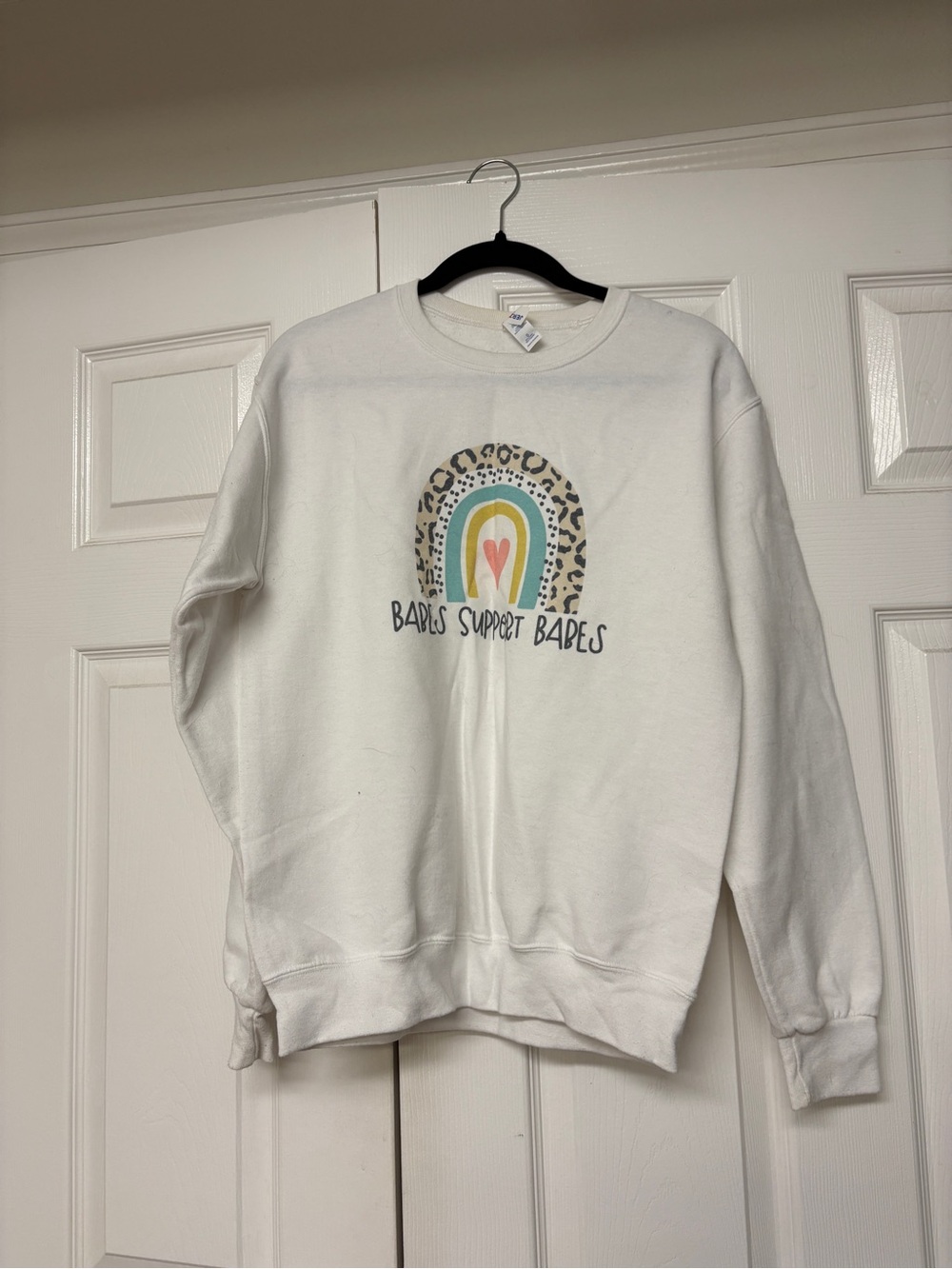 Jerzees White Crewneck Sweatshirt with Leopard Rainbow Graphic